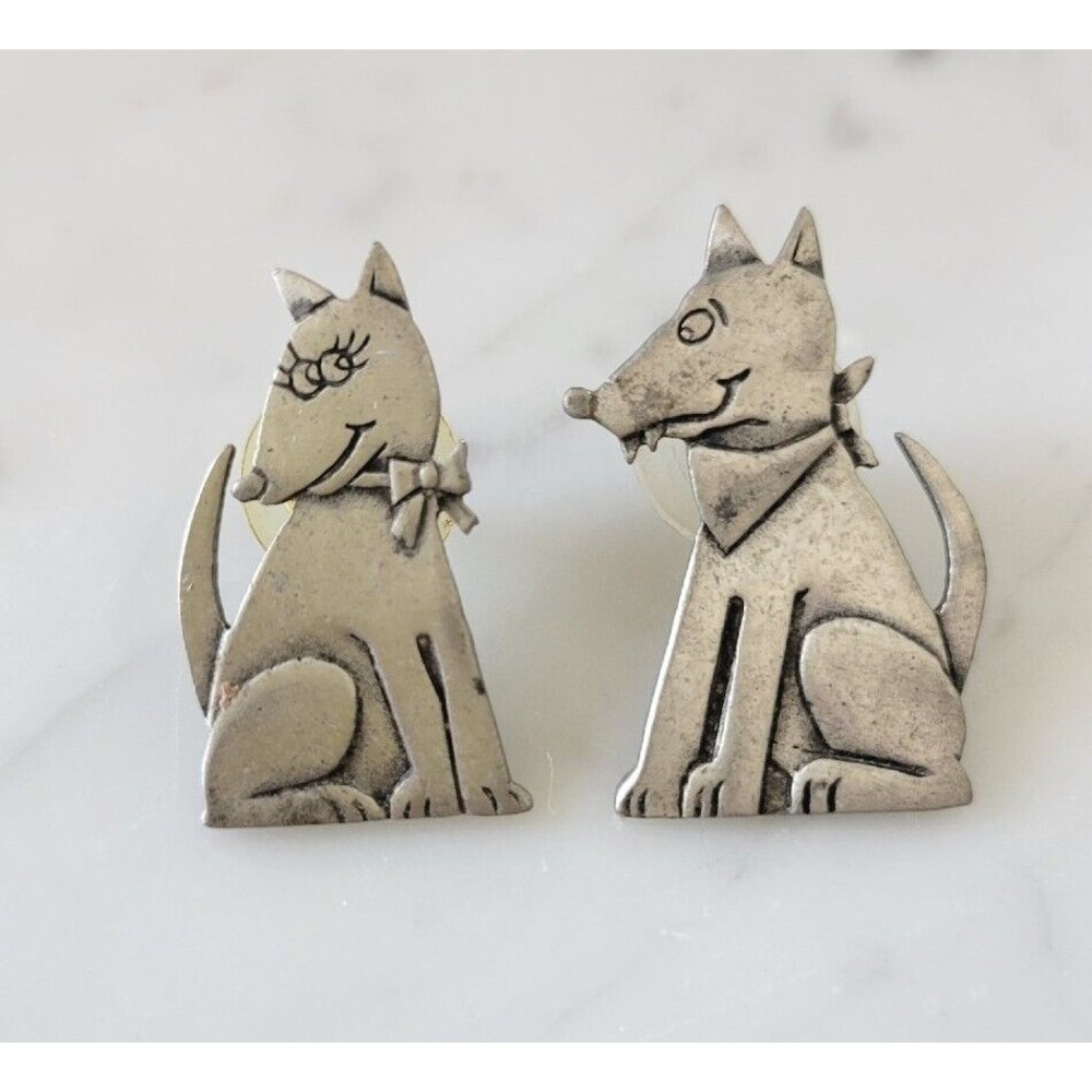 Vintage JJ Earrings Dog Puppy Cartoon Stud Pewter Funny Love 1 1/4"